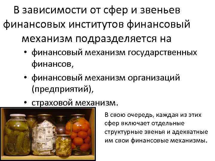 В зависимости от сфер и звеньев финансовых институтов финансовый механизм подразделяется на • финансовый
