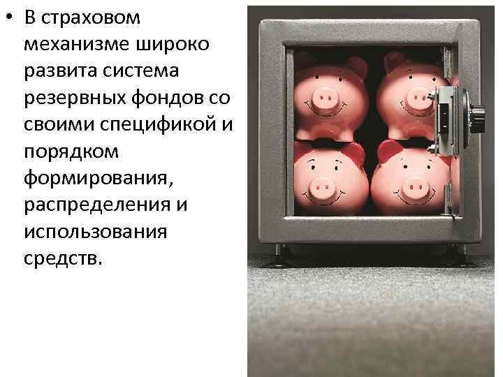  • В страховом механизме широко развита система резервных фондов со своими спецификой и