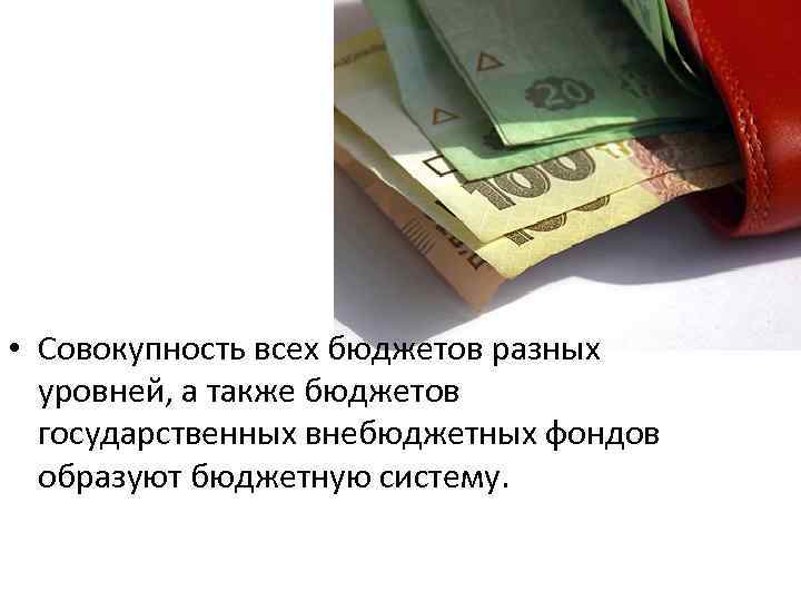  • Совокупность всех бюджетов разных уровней, а также бюджетов государственных внебюджетных фондов образуют