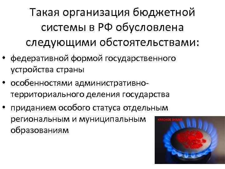 Такая организация бюджетной системы в РФ обусловлена следующими обстоятельствами: • федеративной формой государственного устройства