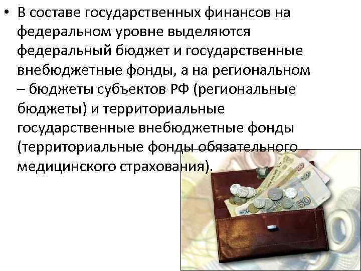  • В составе государственных финансов на федеральном уровне выделяются федеральный бюджет и государственные