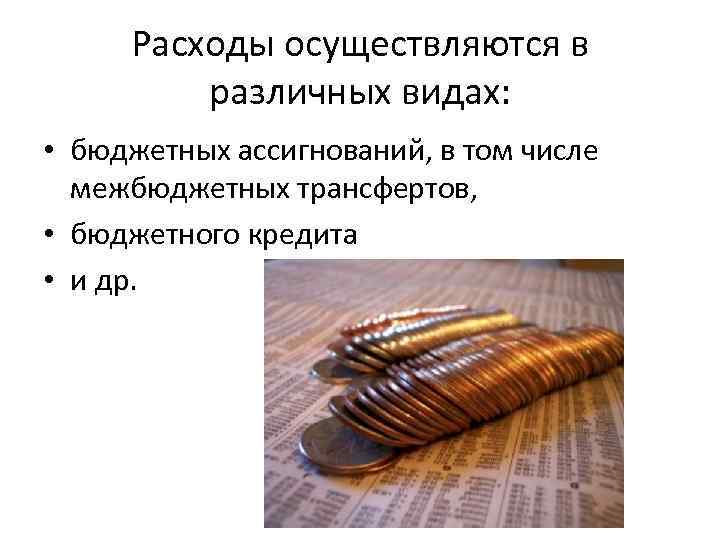 Расходы осуществляются в различных видах: • бюджетных ассигнований, в том числе межбюджетных трансфертов, •