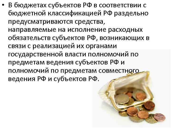  • В бюджетах субъектов РФ в соответствии с бюджетной классификацией РФ раздельно предусматриваются