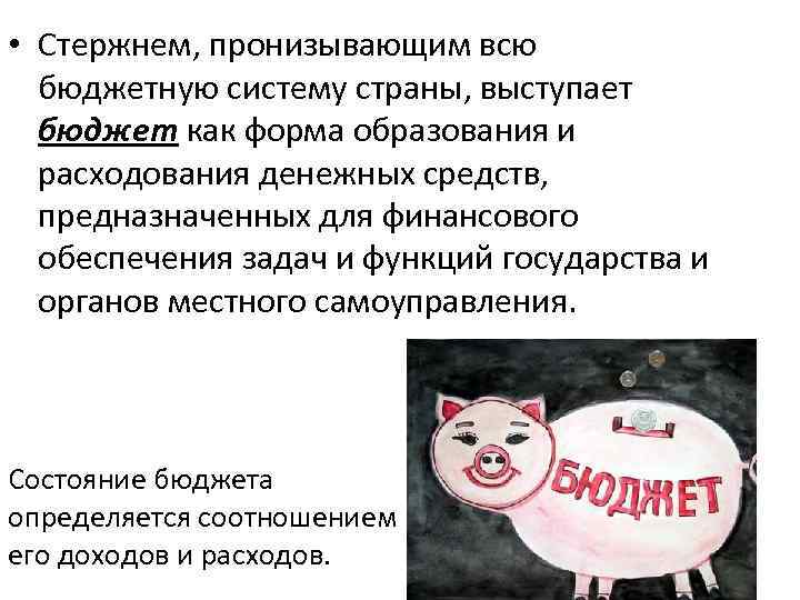  • Стержнем, пронизывающим всю бюджетную систему страны, выступает бюджет как форма образования и