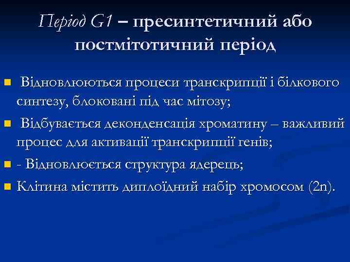 Період G 1 – пресинтетичний або постмітотичний період Відновлюються процеси транскрипції і білкового синтезу,