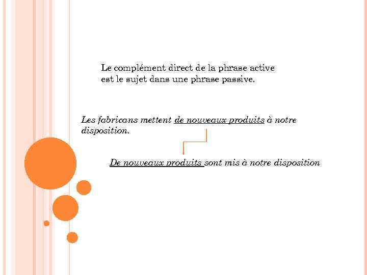 Le complément direct de la phrase active est le sujet dans une phrase passive.