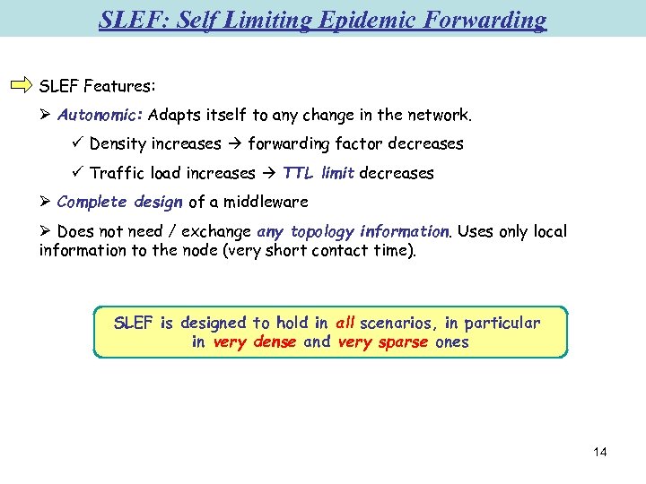 SLEF: Self Limiting Epidemic Forwarding SLEF Features: Ø Autonomic: Adapts itself to any change