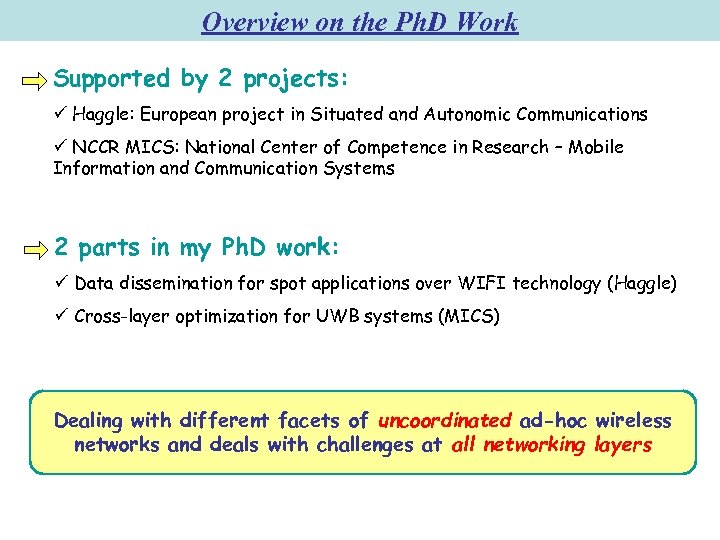 Overview on the Ph. D Work Supported by 2 projects: ü Haggle: European project