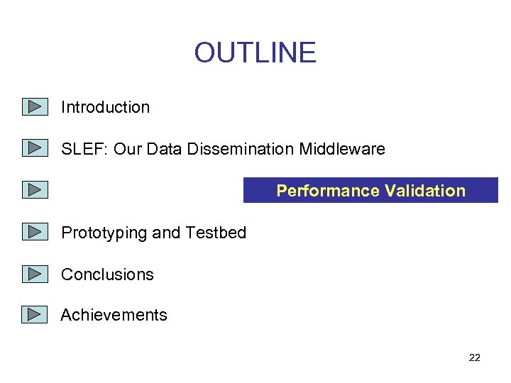 OUTLINE Introduction SLEF: Our Data Dissemination Middleware Performance Validation Prototyping and Testbed Conclusions Achievements
