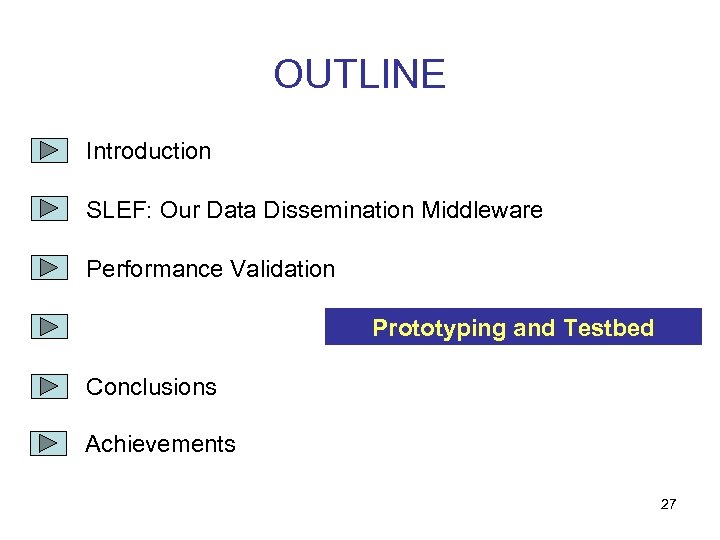 OUTLINE Introduction SLEF: Our Data Dissemination Middleware Performance Validation Prototyping and Testbed Conclusions Achievements