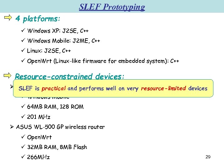 SLEF Prototyping 4 platforms: ü Windows XP: J 2 SE, C++ ü Windows Mobile: