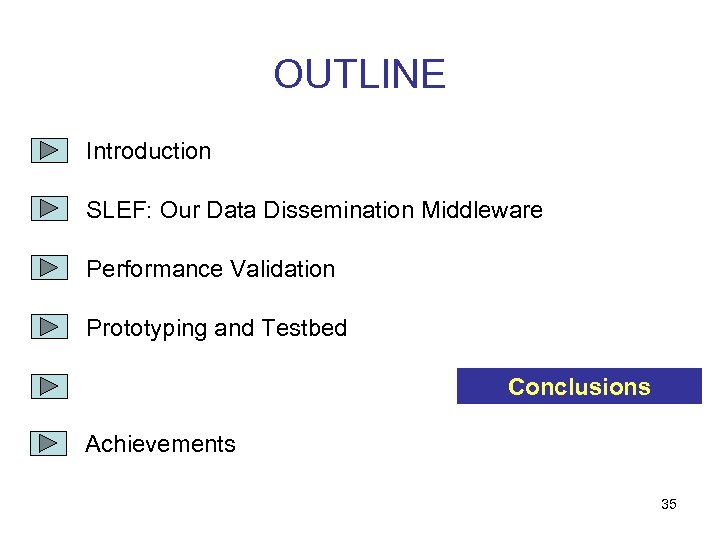 OUTLINE Introduction SLEF: Our Data Dissemination Middleware Performance Validation Prototyping and Testbed Conclusions Achievements