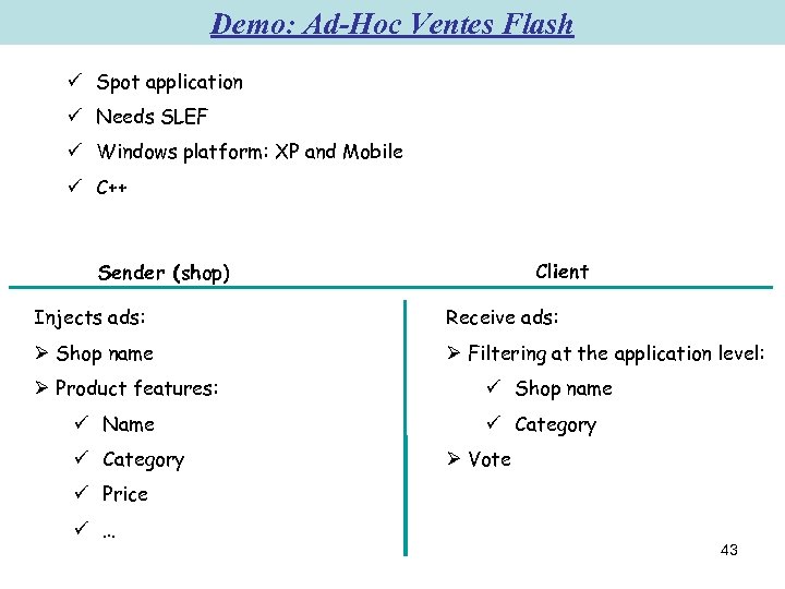 Demo: Ad-Hoc Ventes Flash ü Spot application ü Needs SLEF ü Windows platform: XP