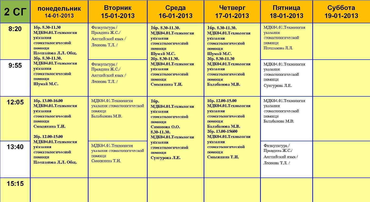 2 СГ 8: 20 9: 55 12: 05 13: 40 15: 15 понедельник 14