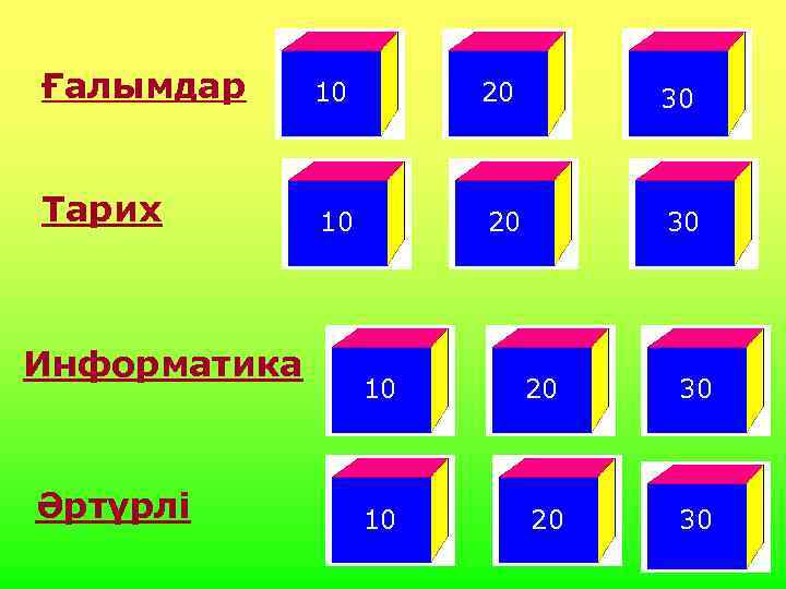 Ғалымдар 10 20 30 Тарих 10 20 30 Информатика Әртүрлі 10 20 30 