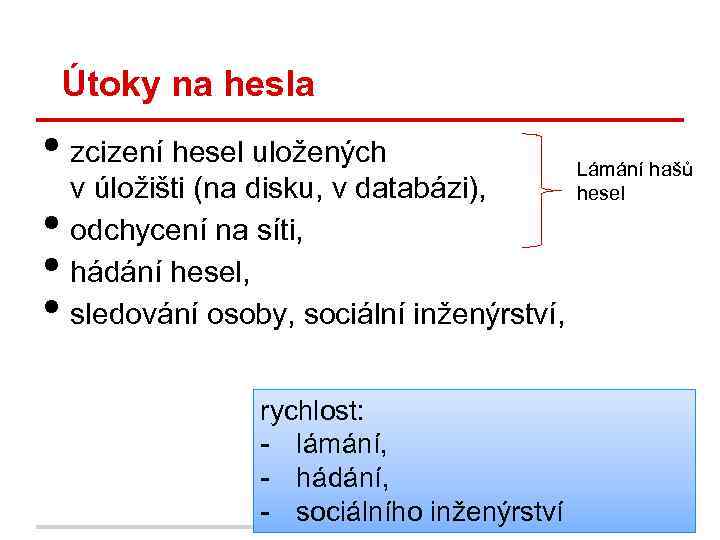 Útoky na hesla • zcizení hesel uložených • • • v úložišti (na disku,