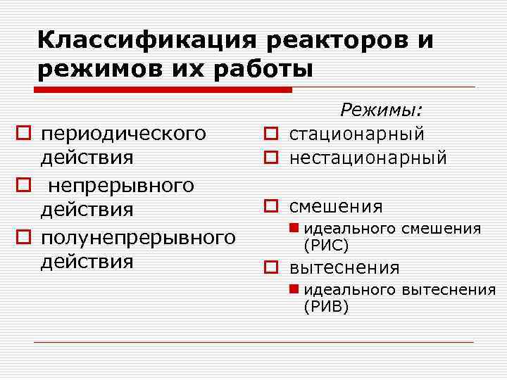 Классификация реакторов и режимов их работы o периодического действия o непрерывного действия o полунепрерывного
