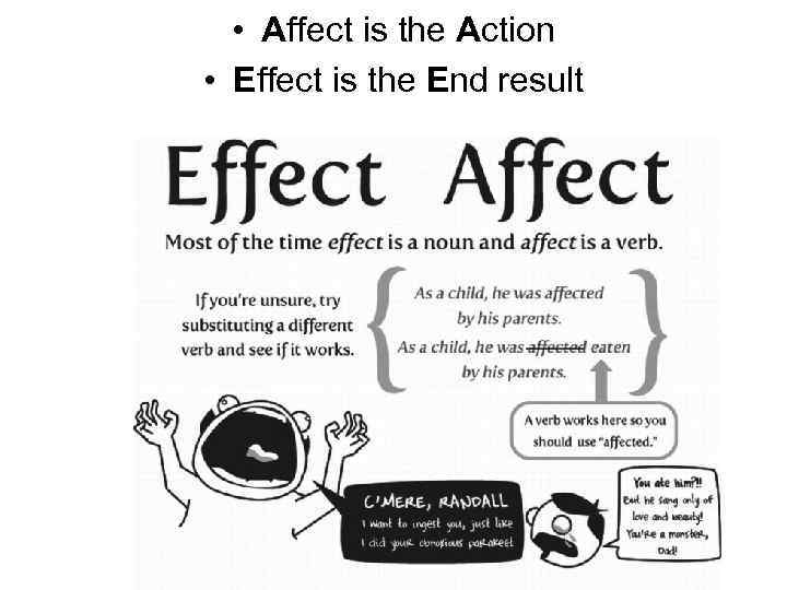  • Affect is the Action • Effect is the End result 
