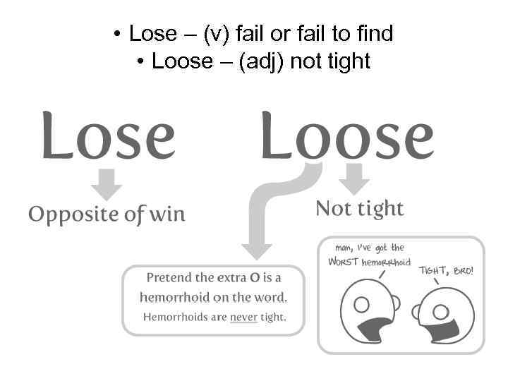  • Lose – (v) fail or fail to find • Loose – (adj)