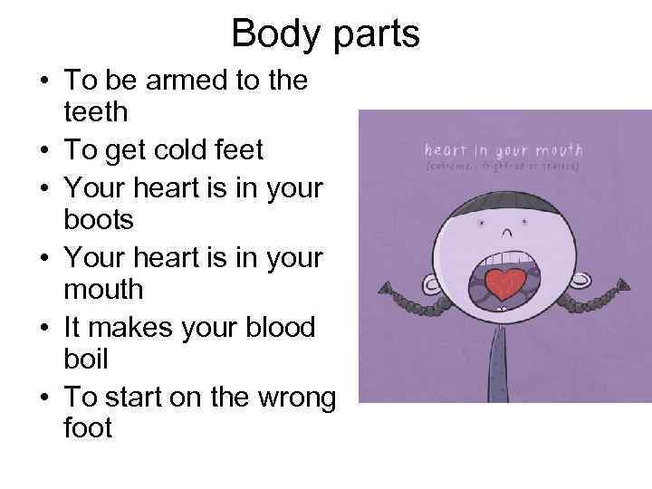 Body parts • To be armed to the teeth • To get cold feet