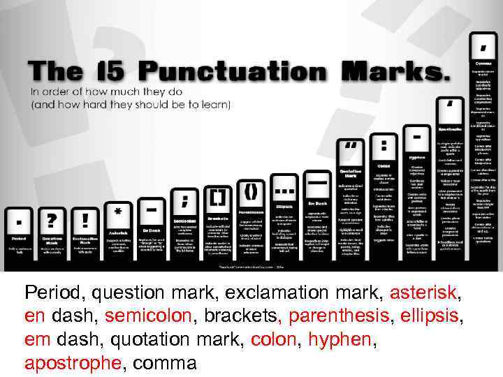 Period, question mark, exclamation mark, asterisk, en dash, semicolon, brackets, parenthesis, ellipsis, em dash,