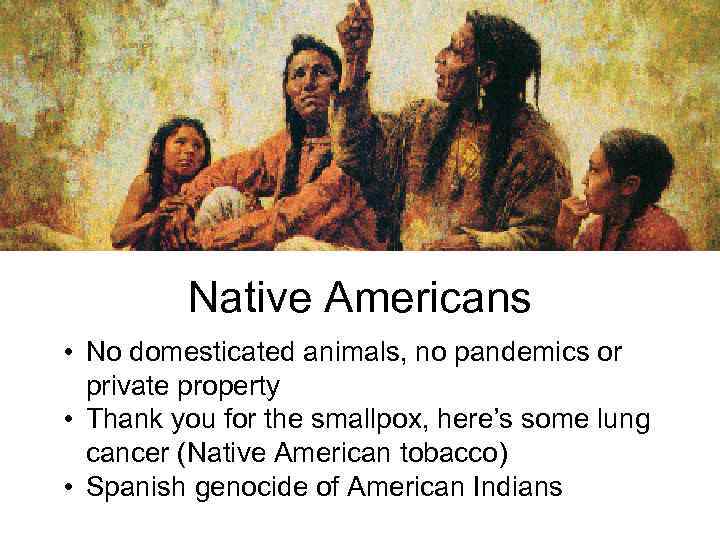 Native Americans • No domesticated animals, no pandemics or private property • Thank you