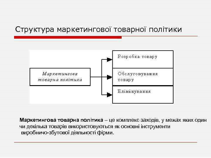 Структура маркетингової товарної політики Маркетингова товарна політика – це комплекс заходів, у межах яких