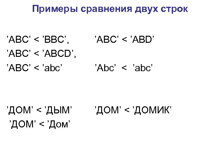Примеры сравнения двух строк ’ABC’ < ’BBC’, ’ABC’ < ’ABD’ ’ABC’ < ’ABCD’, ’ABC’