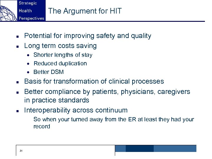 The Argument for HIT Potential for improving safety and quality Long term costs saving