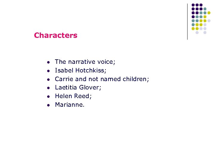 Characters l l l The narrative voice; Isabel Hotchkiss; Carrie and not named children;