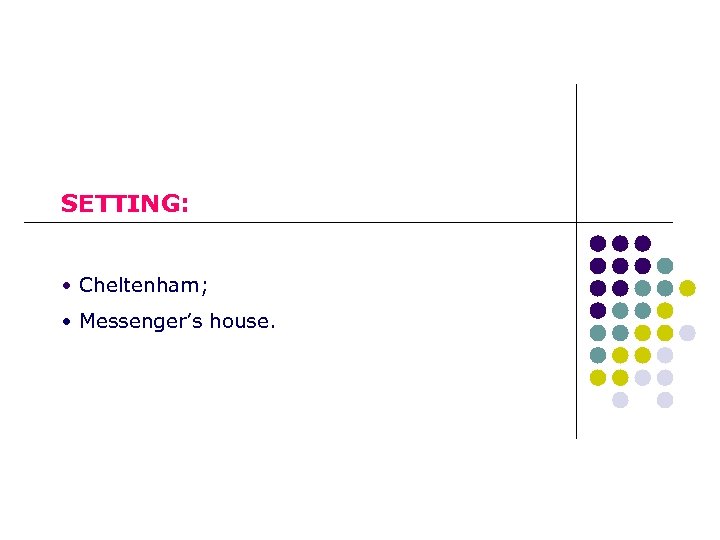 SETTING: • Cheltenham; • Messenger’s house. 