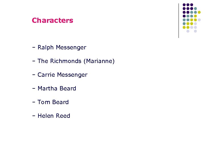 Characters – Ralph Messenger – The Richmonds (Marianne) – Carrie Messenger – Martha Beard