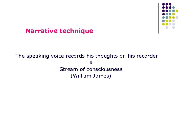 Narrative technique The speaking voice records his thoughts on his recorder Stream of consciousness