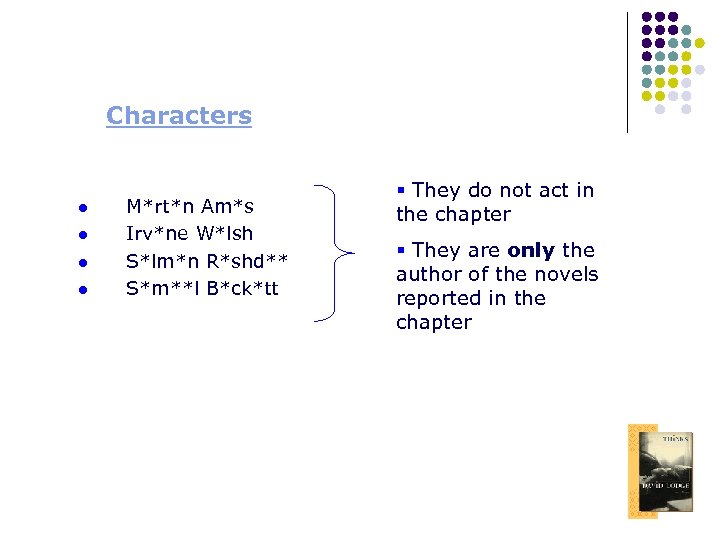 Characters l l M*rt*n Am*s Irv*ne W*lsh S*lm*n R*shd** S*m**l B*ck*tt § They do