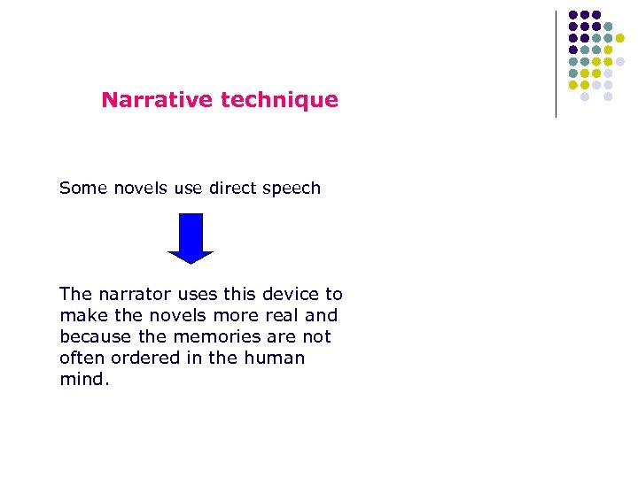 Narrative technique Some novels use direct speech The narrator uses this device to make
