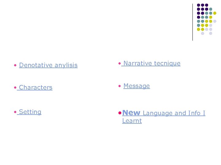  • Denotative anylisis • Narrative tecnique • Characters • Message • Setting •
