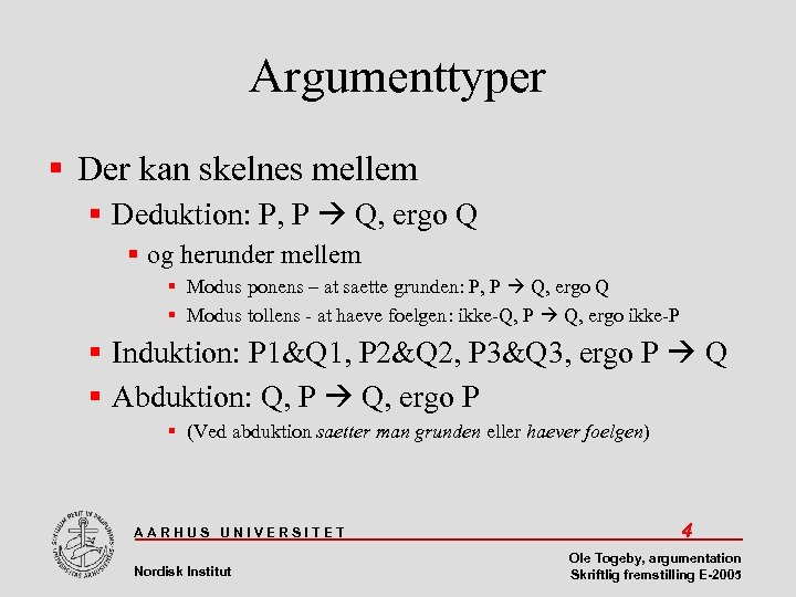 Argumenttyper Der kan skelnes mellem Deduktion: P, P Q, ergo Q og herunder mellem