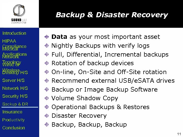 Backup & Disaster Recovery Introduction HIPAA Compliance Medical Applications Network Topology Wired or Wireless