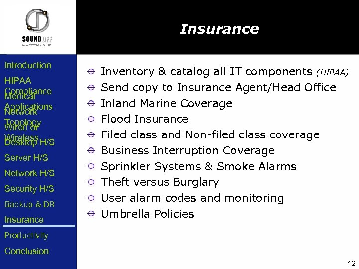 Insurance Introduction HIPAA Compliance Medical Applications Network Topology Wired or Wireless Desktop H/S Server