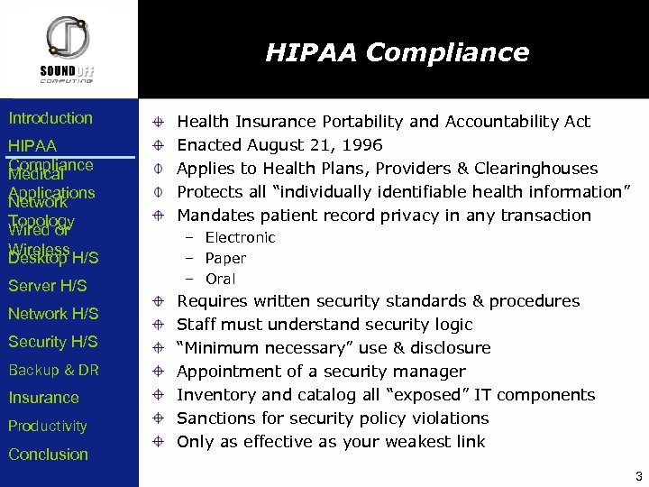 HIPAA Compliance Introduction HIPAA Compliance Medical Applications Network Topology Wired or Wireless Desktop H/S