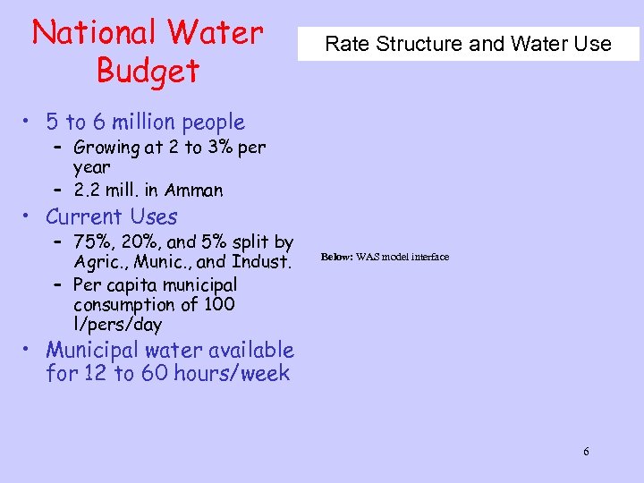 National Water Budget Rate Structure and Water Use • 5 to 6 million people