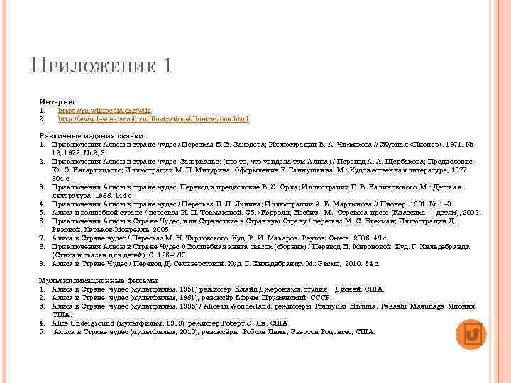 ПРИЛОЖЕНИЕ 1 Интернет 1. https: //ru. wikipedia. org/wiki 2. http: //www. lewis carroll. ru/illustrations.