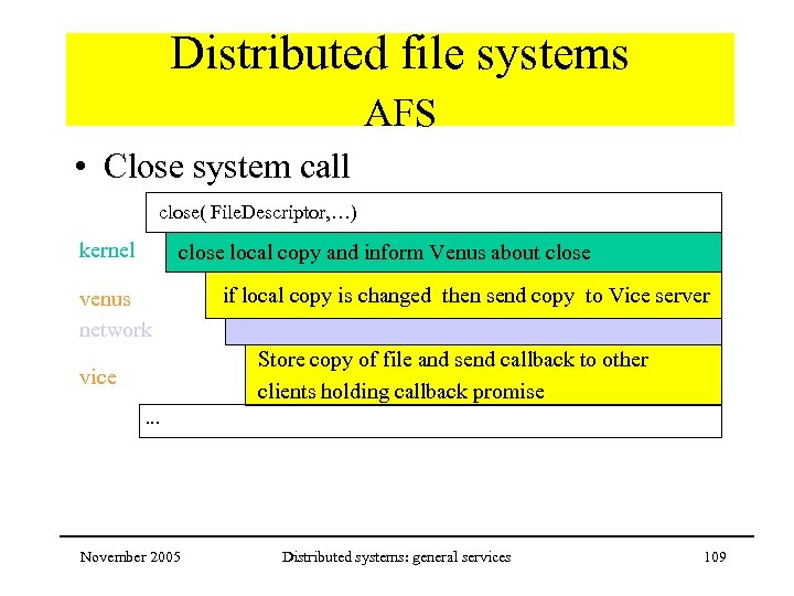 Distributed file systems AFS • Close system call close( File. Descriptor, …) kernel close
