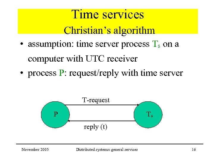 Time services Christian’s algorithm • assumption: time server process Ts on a computer with