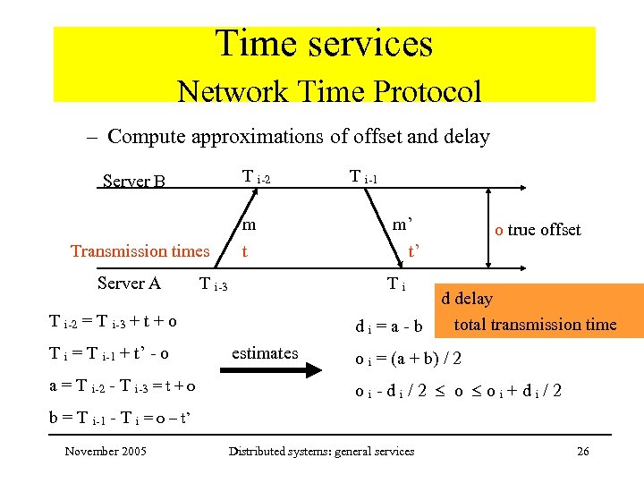 Time services Network Time Protocol – Compute approximations of offset and delay T i-2
