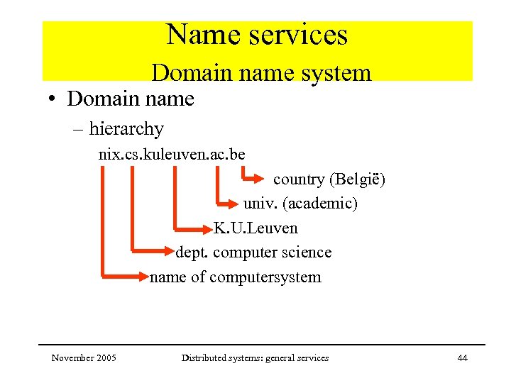 Name services Domain name system • Domain name – hierarchy nix. cs. kuleuven. ac.