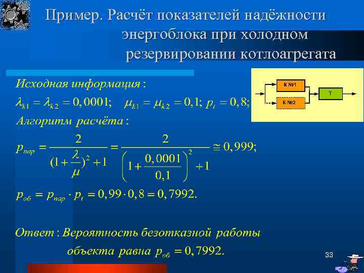 Пример. Расчёт показателей надёжности энергоблока при холодном резервировании котлоагрегата 33 