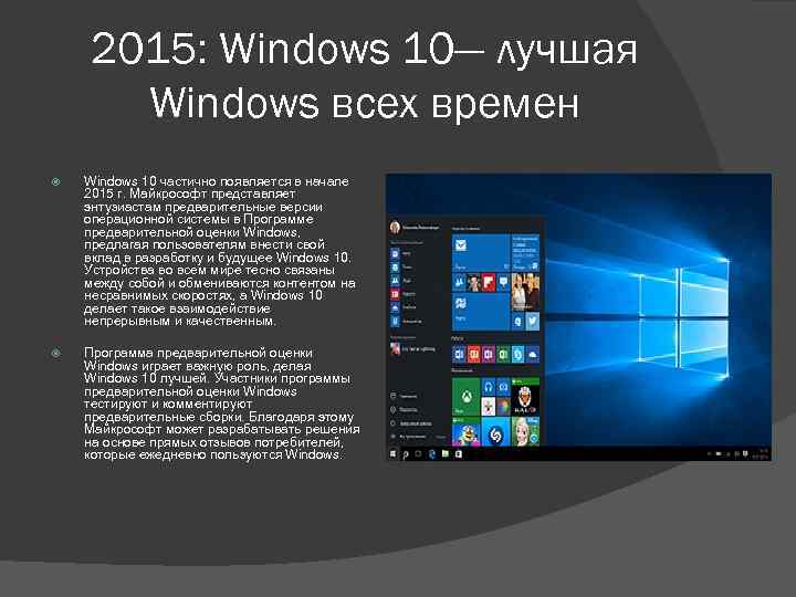 2015: Windows 10— лучшая Windows всех времен Windows 10 частично появляется в начале 2015