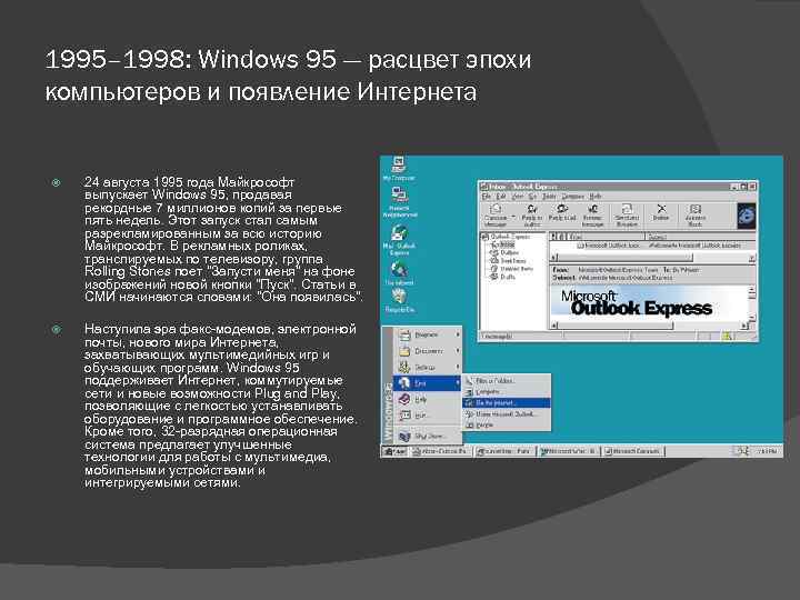1995– 1998: Windows 95 — расцвет эпохи компьютеров и появление Интернета 24 августа 1995