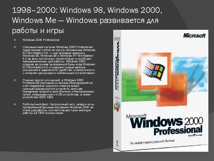 1998– 2000: Windows 98, Windows 2000, Windows Me — Windows развивается для работы и